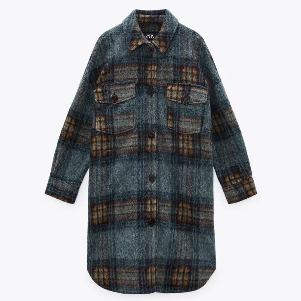 ZARA Plaid Oversized Long‎ Shacket Shirt Jacket Women Blue Brown Size XS